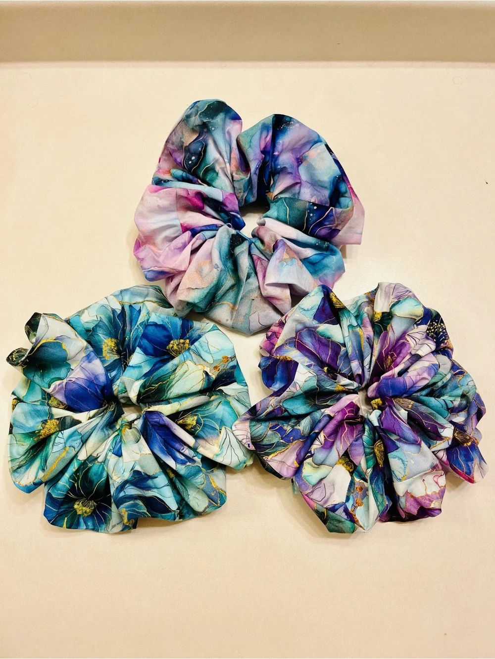 Handmade Watercolor Teal Purple Metallic Gold Floral Scrunchies